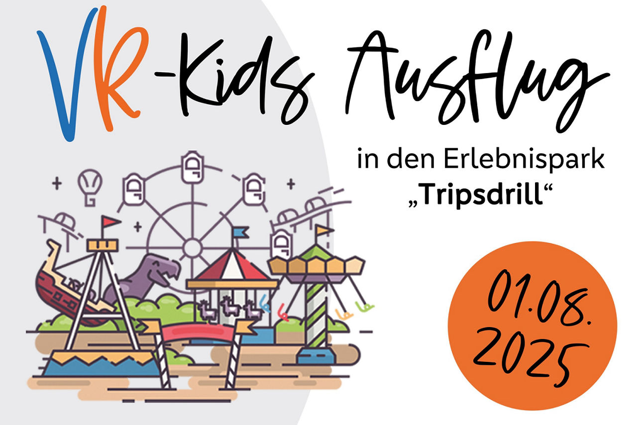 Bunte Grafik kündigt den VR-Kids Ausflug in den Erlebnispark Tripsdrill am 01.08.2025 an – voller Spaß, Abenteuer und Vorfreu