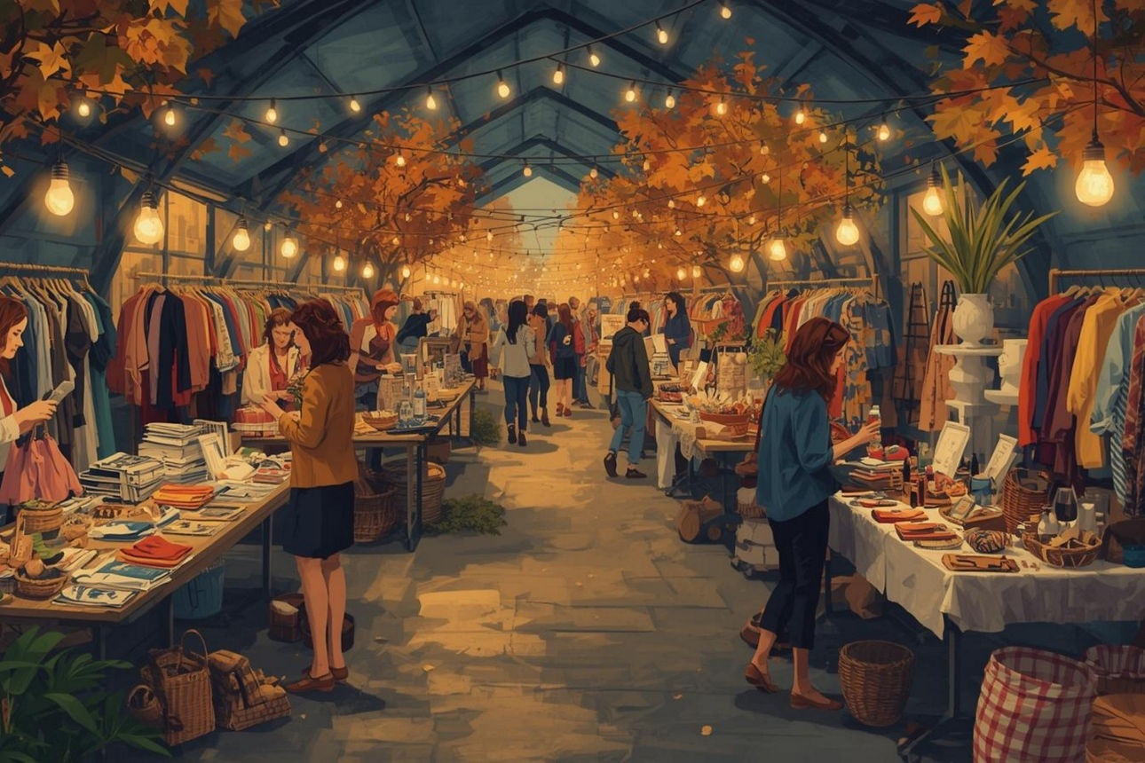 Belebter Indoor-Frauenflohmarkt mit festlich beleuchtetem Gewölbe, dekoriert mit Herbstlaub. Besucher schlendern zwischen Ständen mit Kleidung – eine warme, einladende Atmosphäre. (KI generiertes Bild)