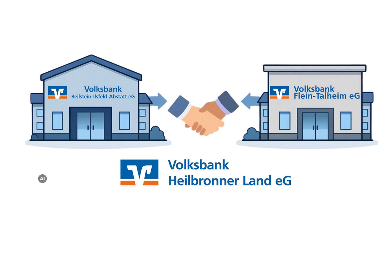 KI-generierte Grafik einer Bankenfusion. Zwei kleine Gebäude werden zu einem großen Gebäude. Ein Handschlag ist auf dem großen Gebäude abgebildet. Außerdem sind die Logos der Banken abgebildet