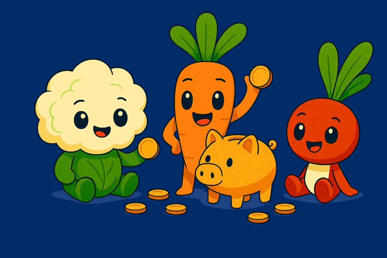 Grafik mit Blumenkohl, Karotte, Radieschen und Sparschwein vor blauem Hintergrund. Die Karotte hält ein Schild: ‚Sparwoche 27.–31. Oktober 2025‘. Goldene Münzen liegen davor.