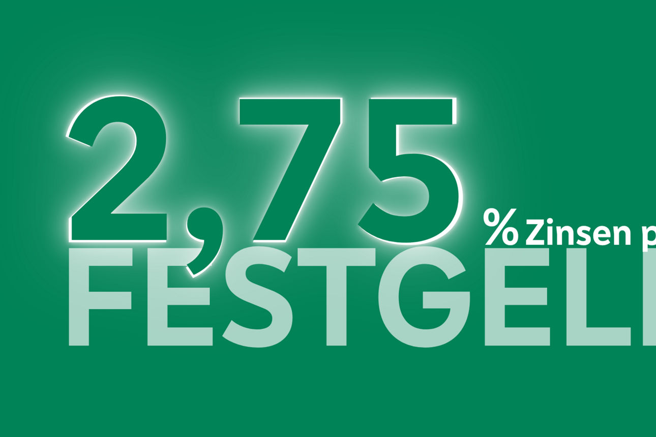 Das Bild zeigt den aktuellen Zinssatz von 2,75 % p. a. für das PSD FestGeld. 