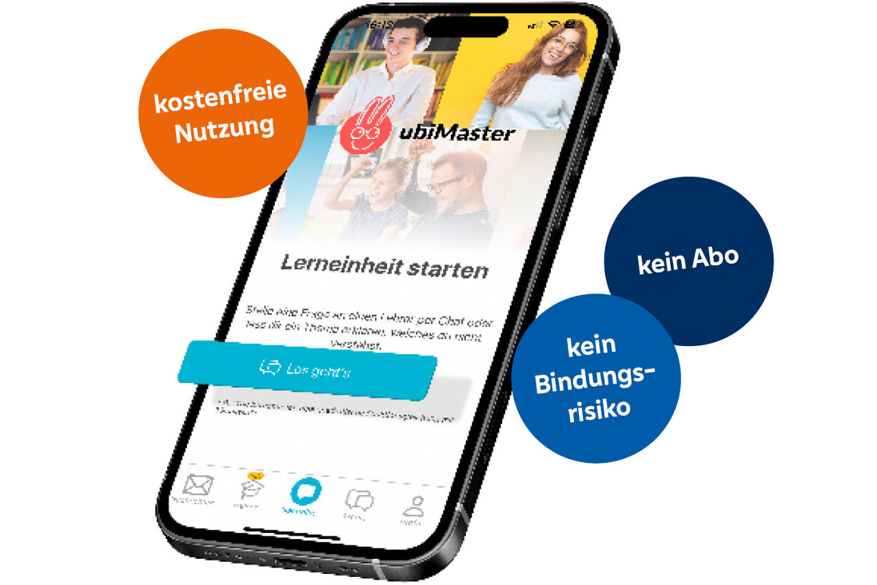 Abbildung eines Smartphones mit Störern, die die Vorteile von ubiMaster wie u.a. "12 Monate kostenlos" abbilden