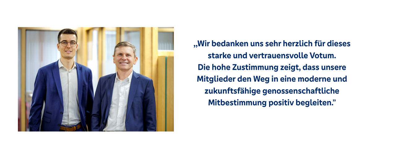 Bild der beiden Vorstände mit einem Zitat zur Vertreterversammlung