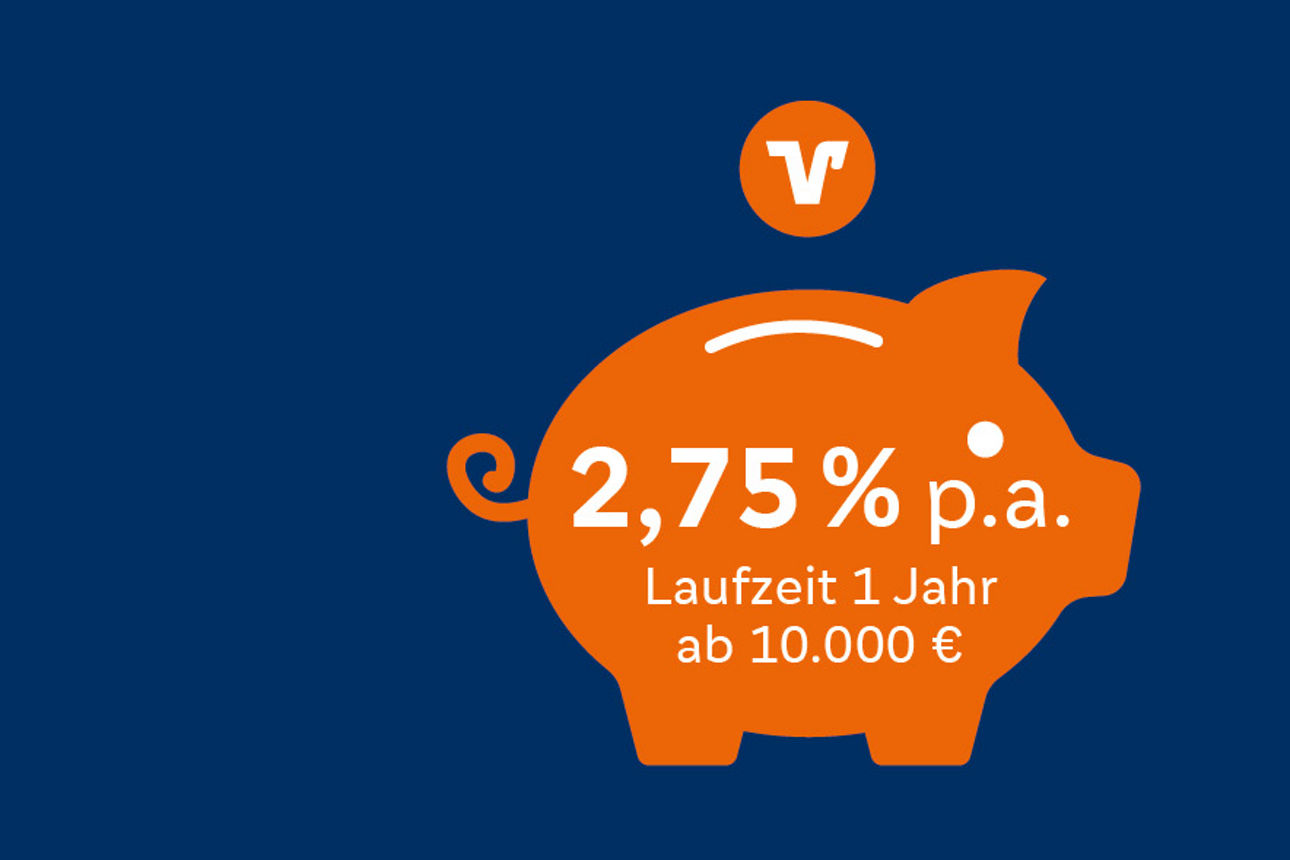 Orangenes Sparschwein auf welchem 2,75% p.a. Laufzeit 1 Jahr ab 10.000€ steht.