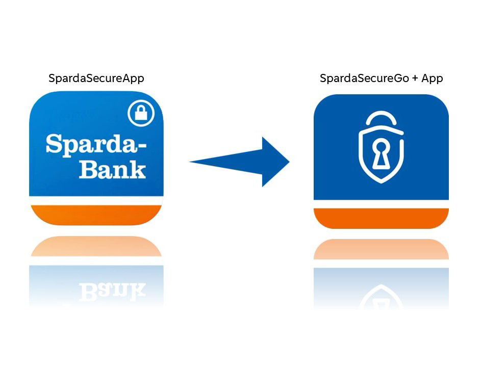 Logo der SpardaSecureApp mit Pfeil auf das Logo der neuen SpardaSecureGo+ App