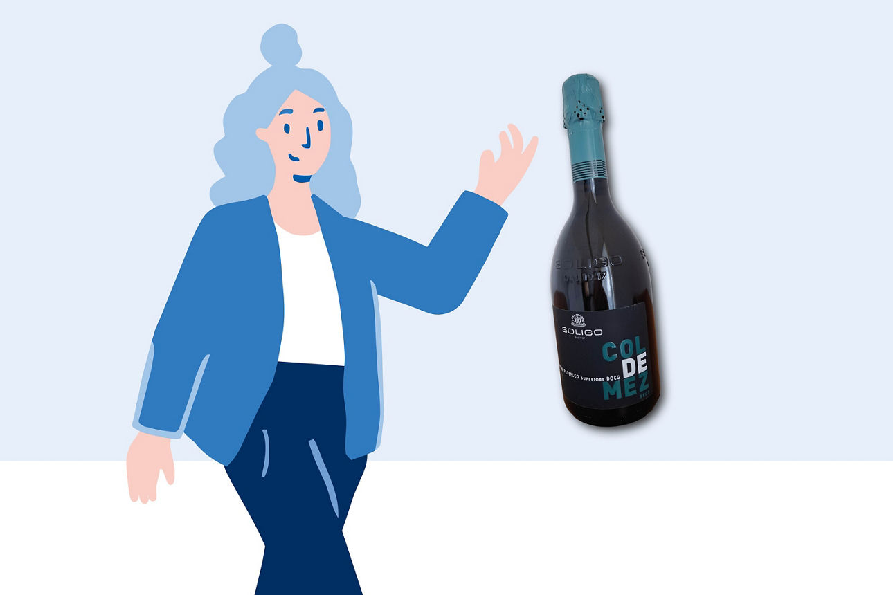 Illustrierte Frau mit einer Flasche Prosecco