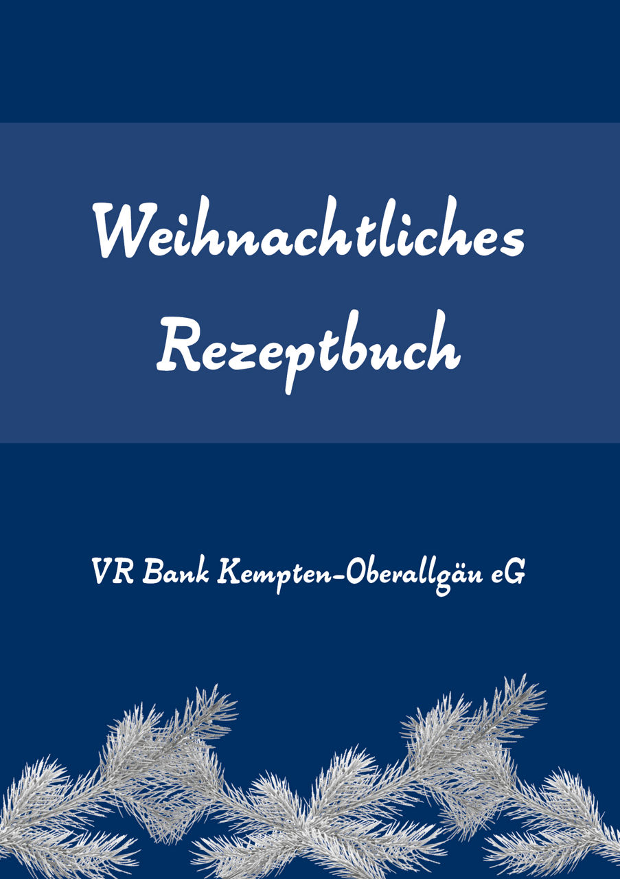 Titelblatt "Weihnachtliches Rezeptbuch" mit weißen Tannenzweigen