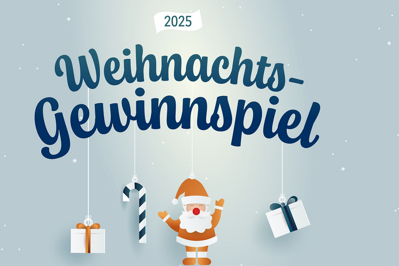 Schriftzug "Weihnachtsgewinnspiel 2025" mit einem Baumanhänger als Geschenk, als Zuckerstange, als Weihnachtsmann, alsGeschen