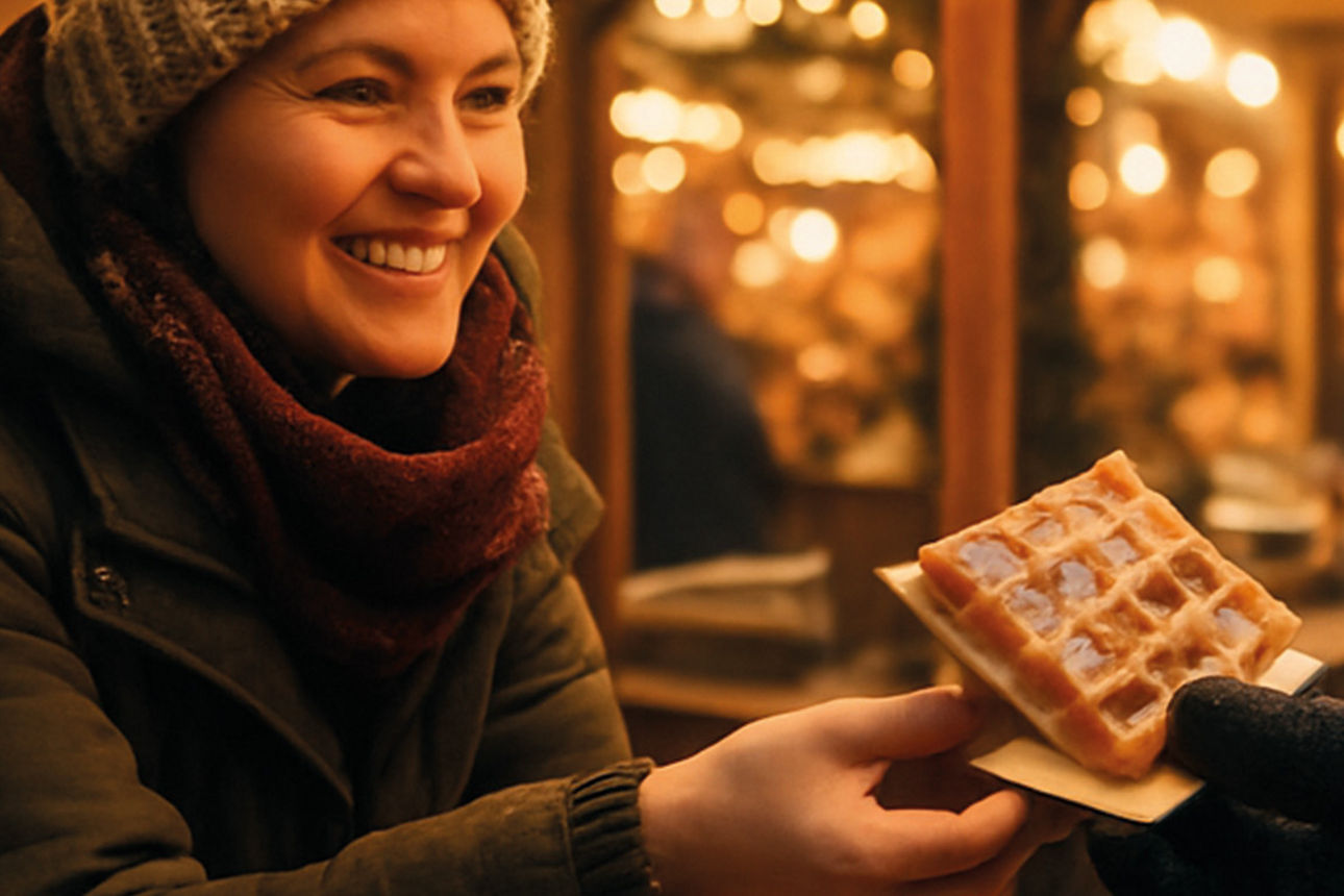 Eine lächelnde Dame bekommt eine Waffel übergeben