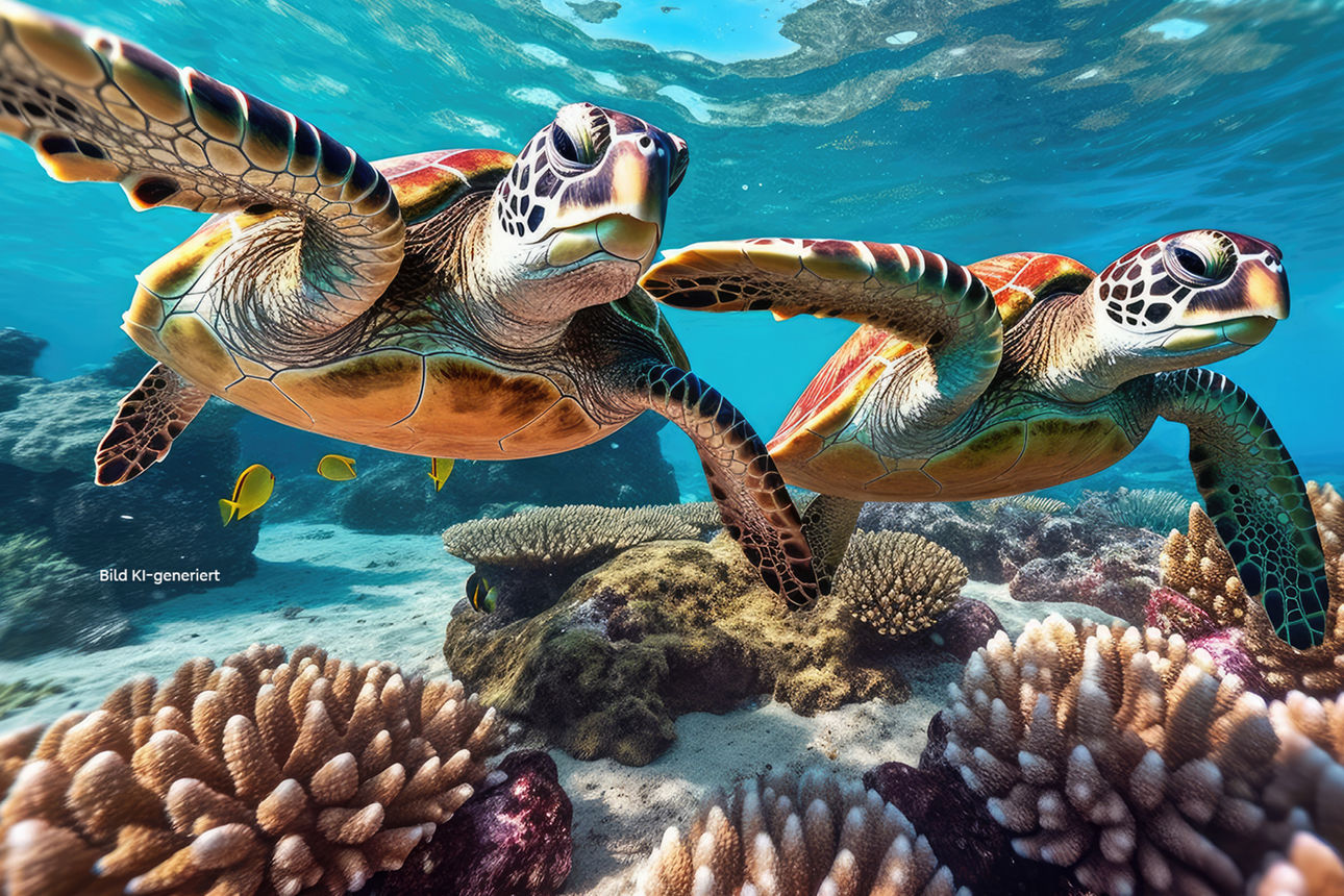 sea turtle with a group of colorful fish and colorful corals underwater in the ocean,