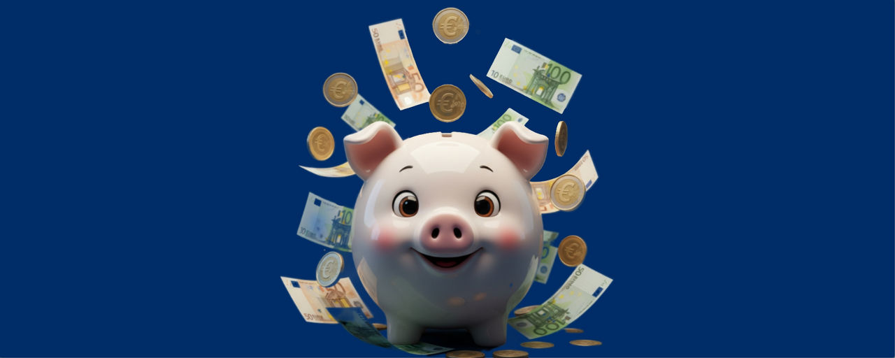 Sparschwein mit freundlichem Gesicht im Geldregen