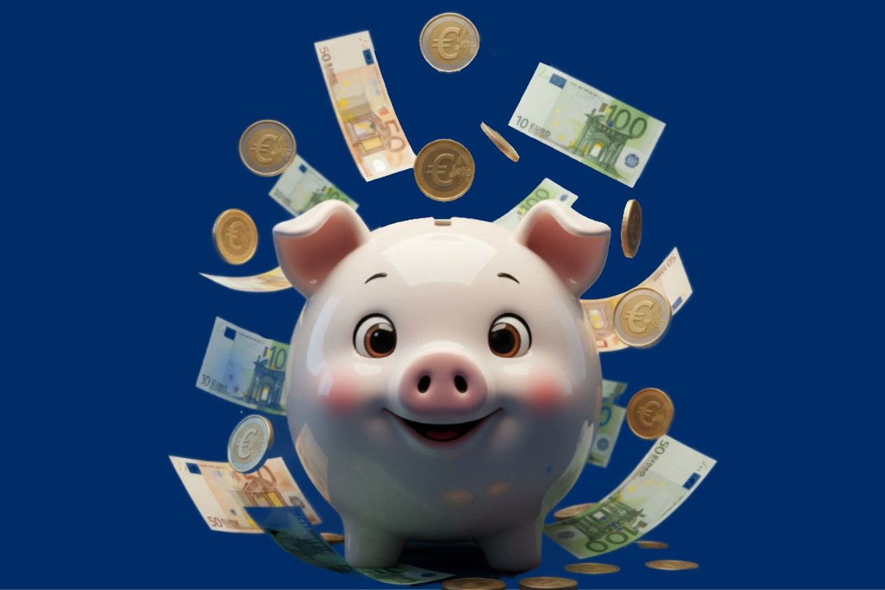 Sparschwein mit freundlichem Gesicht im Geldregen