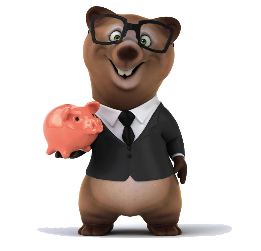Maskottchen Moritz der Bär mit einem Sparschwein in der Hand.