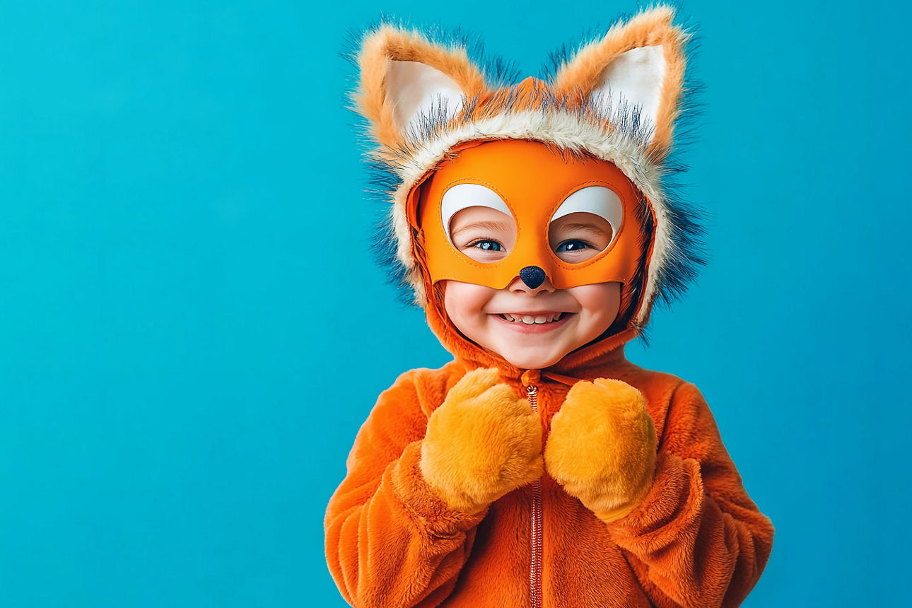 Weltspartag: Kind trägt orangefarbenen Fuchs-Kostüm mit Kapuze, die weiße und orangefarbene Fuchsohren hat, vor blauem Hintergrund.