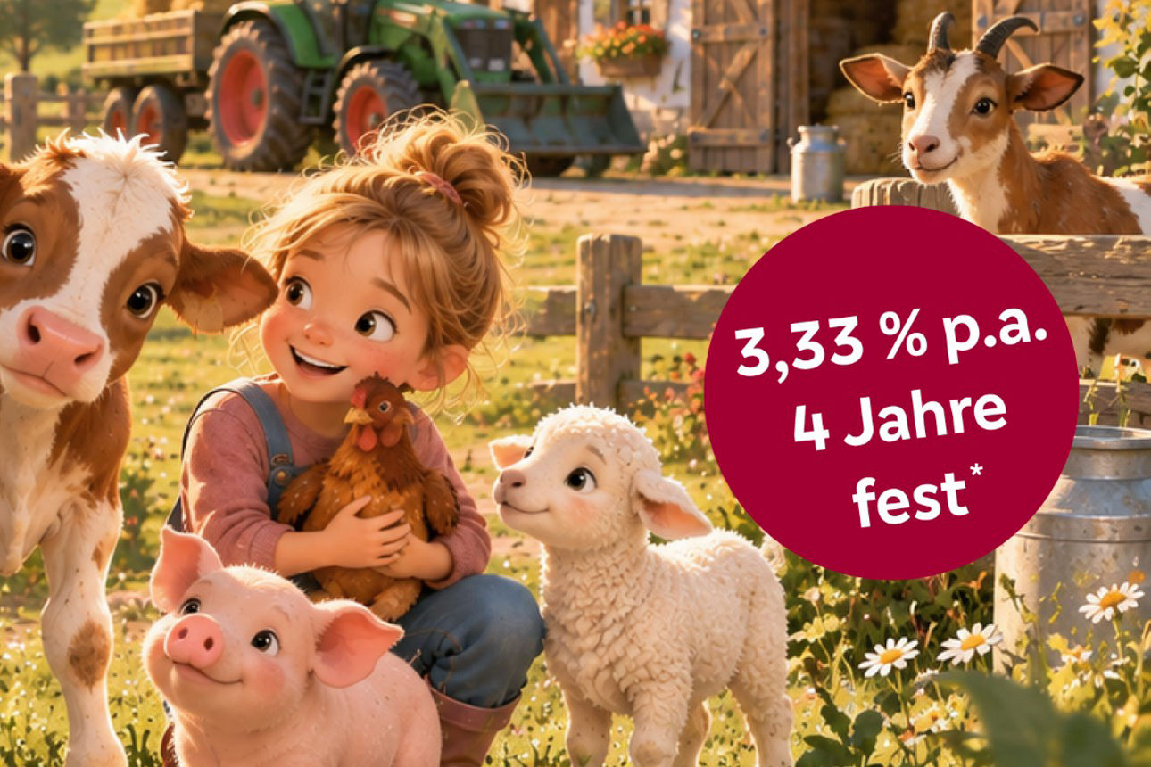 Ein Junge und ein Mädchen sitzen mit vielen Tieren auf einem Bauernhof
