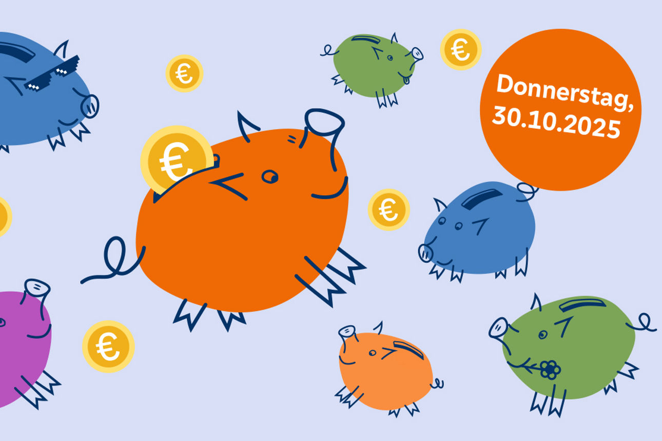 Bunte gezeichnete und lachende Sparschweine mit Euro Münzen