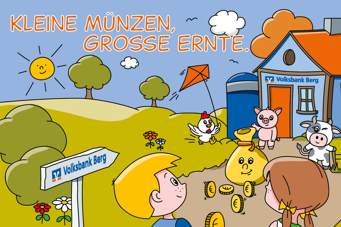 Cartoon-Bauernhofszene mit Kindern, Tieren und Traktor vor einem Haus mit Volksbank-Berg-Logo. Über dem Haus steht der Slogan „Kleine Münzen, große Ernte.“