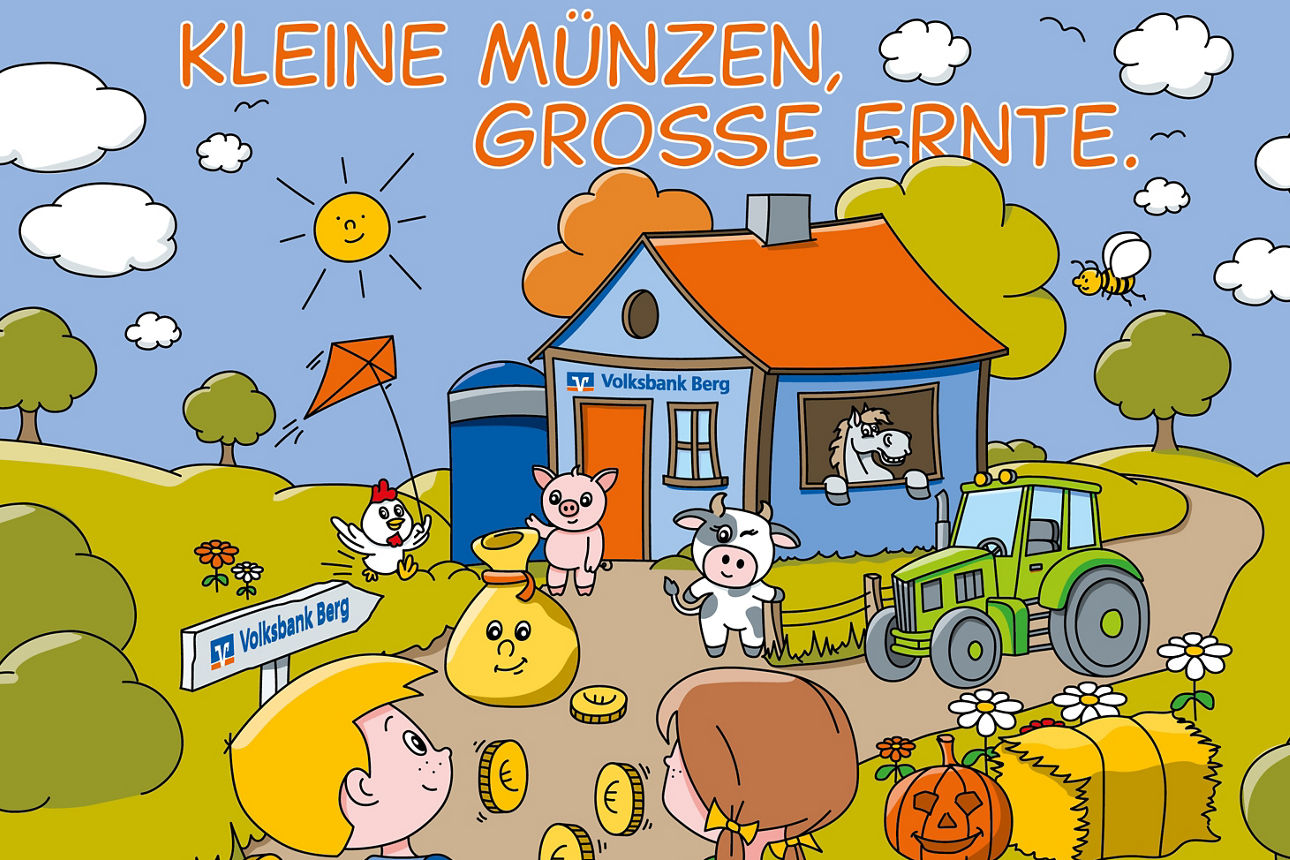 Cartoon-Bauernhofszene mit Kindern, Tieren und Traktor vor einem Haus mit Volksbank-Berg-Logo. Über dem Haus steht der Slogan „Kleine Münzen, große Ernte.“