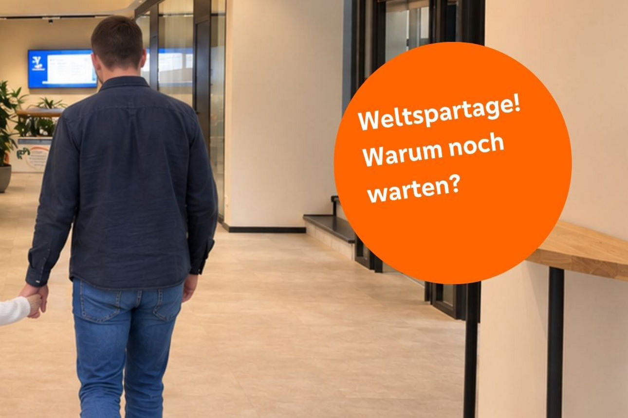 Vater und Tochter gehen Hand in Hand in eine Bankfiliale – ein Motiv für gemeinsames Sparen und finanzielle Zukunftsplanung.