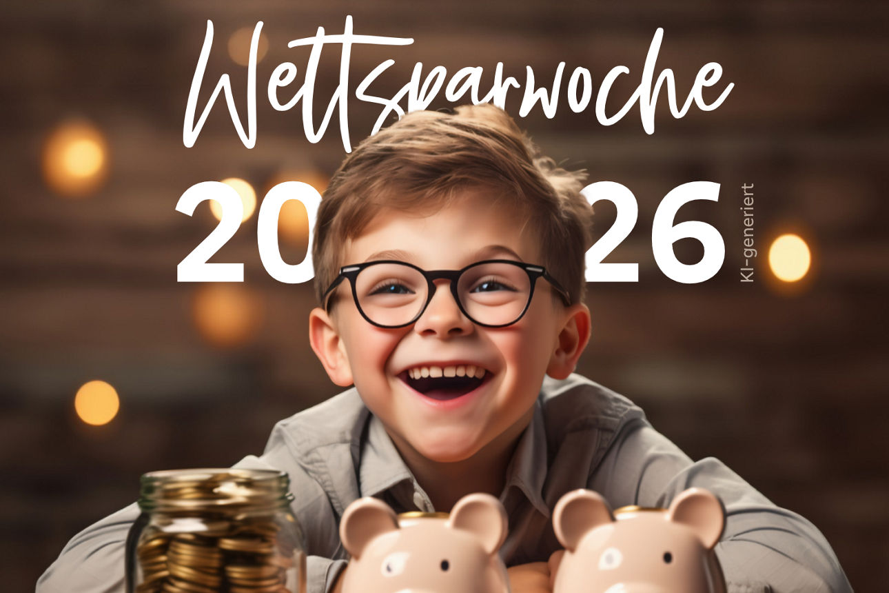Junge mit Brille, Sparschweine und Münzglas. KI-generiertes Teaser-Bild für finanzielle Bildung.