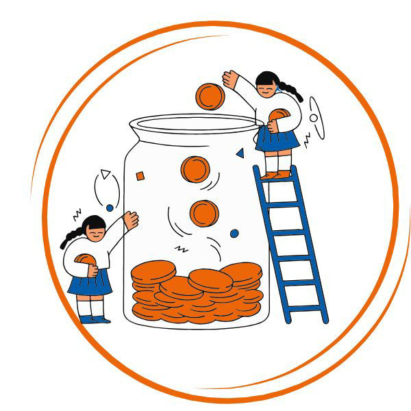 Zwei Comic-Mädchen schmeißen Geldstücke in ein Glas