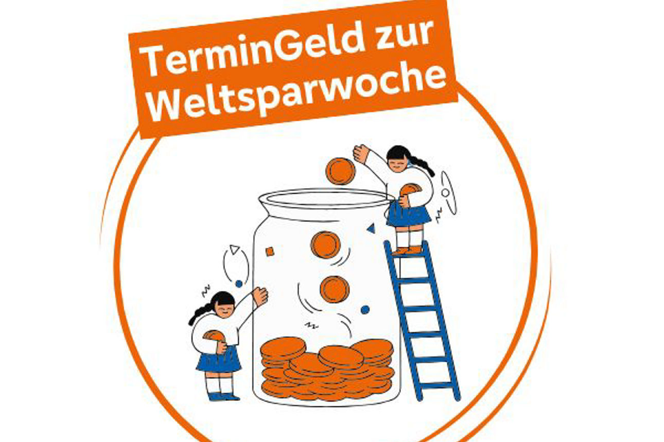 Zwei gezeichnete Mädchen werfen Münzen in ein Glas zum Sparen