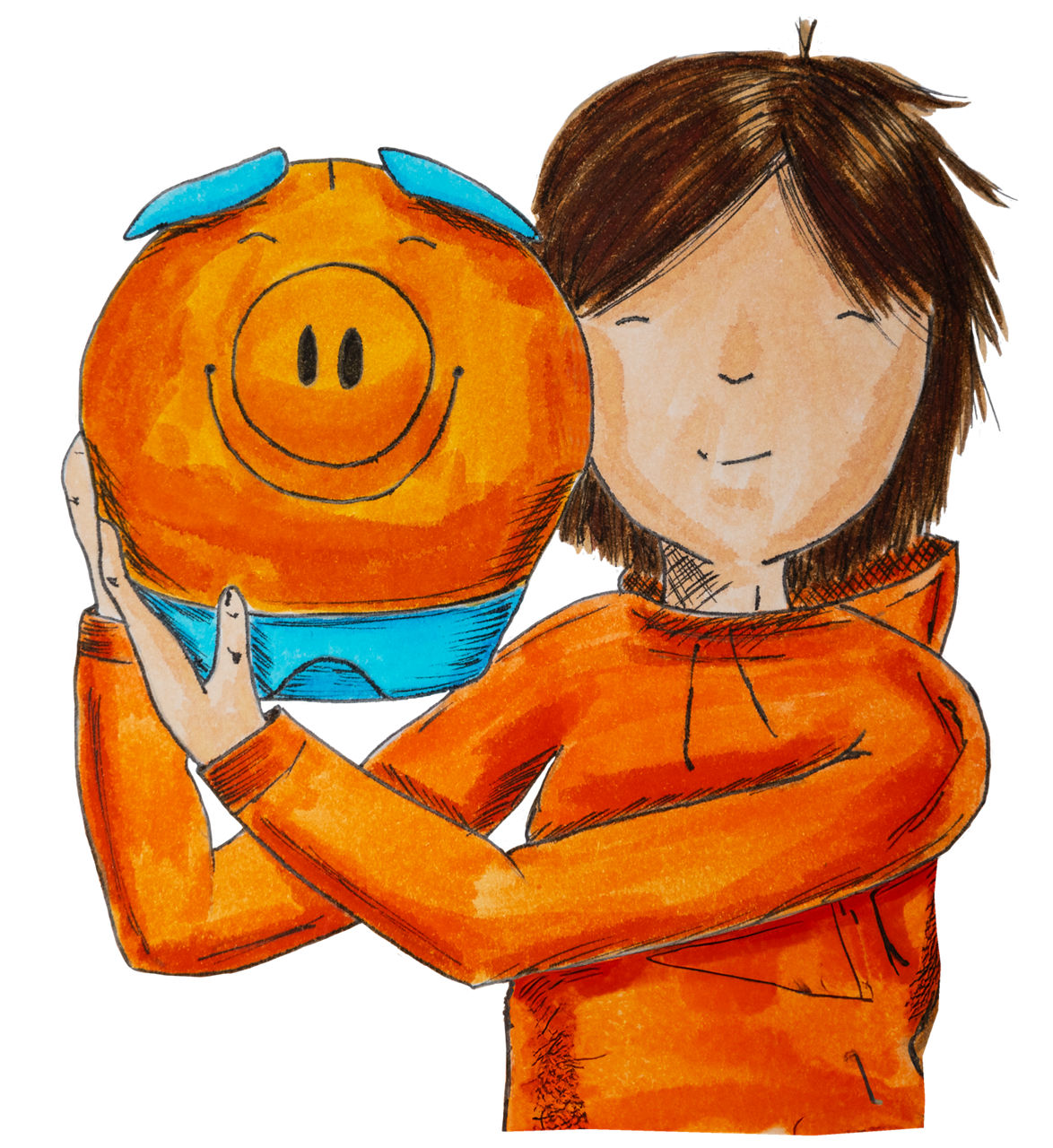 Das Mädchen Lou hält ihr orange/blaues Sparschwein in der Hand und lächelt