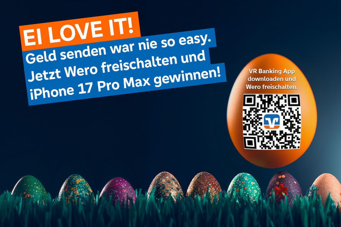 Hase und Ostereier auf einer künstlichen Osterwiese - Gewinnspiel Aufschrift: EI LOVE IT