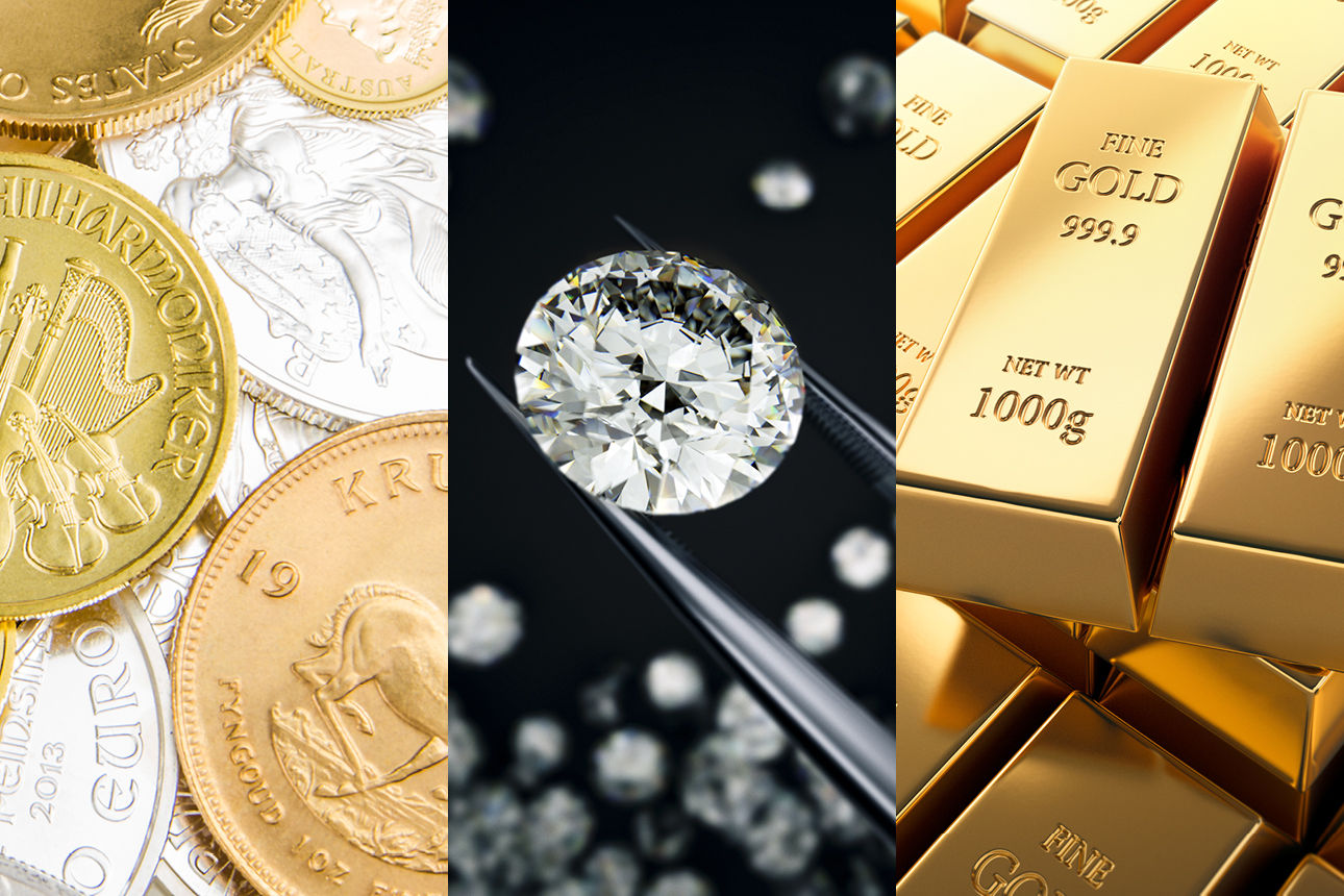 Abbildung von Goldmünzen, Goldbarren und Diamanten