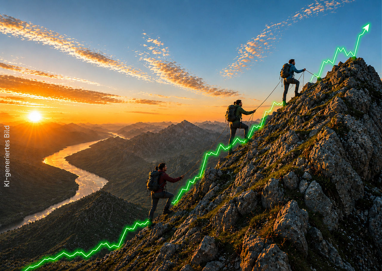Drei Bergsteiger klettern bei Sonnenaufgang auf einen Berg, Durch das Bild verläuft dabei ein Chart