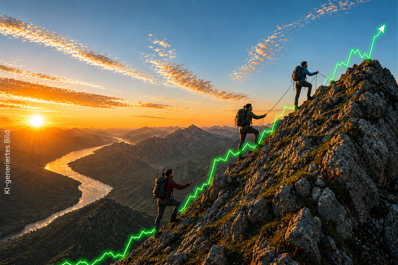 Drei Bergsteiger klettern bei Sonnenaufgang auf einen Berg, Durch das Bild verläuft dabei ein Chart