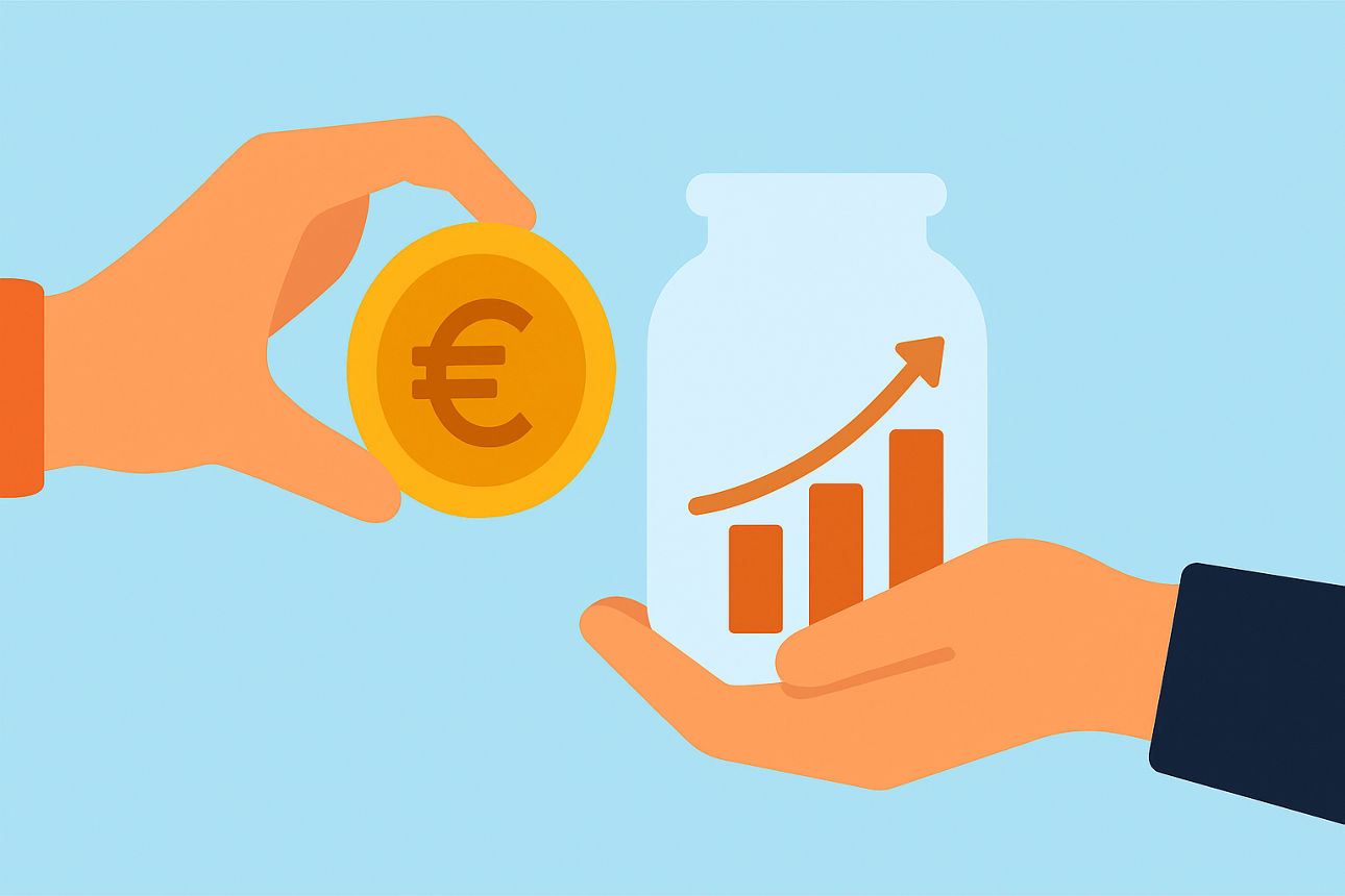 Zwei Hände halten gemeinsam eine Euromünze und ein Glas mit wachsendem Diagramm vor blauem Hintergrund.