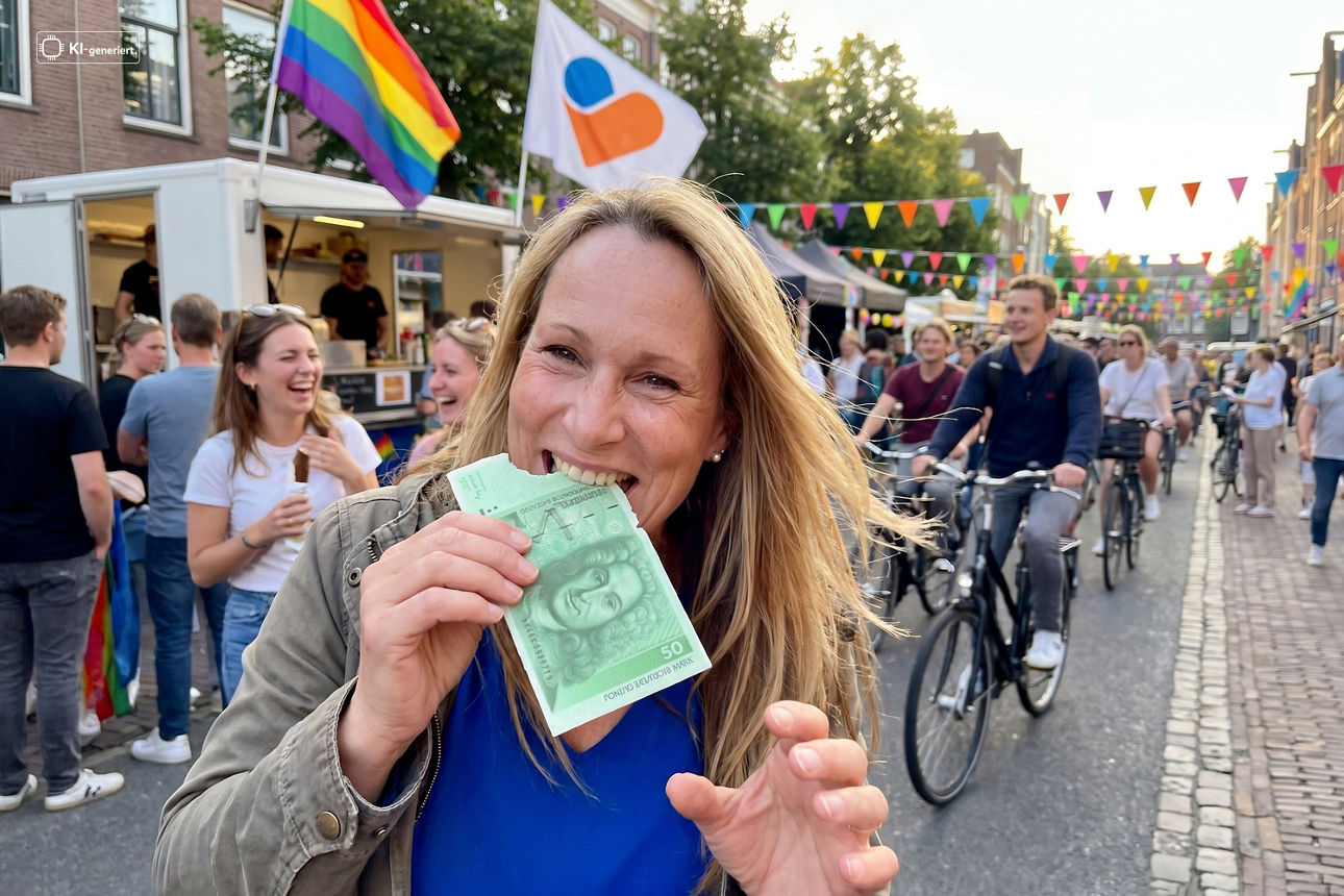 Eine Frau auf einem Straßenfest, die einen Geldschein im Mund hat