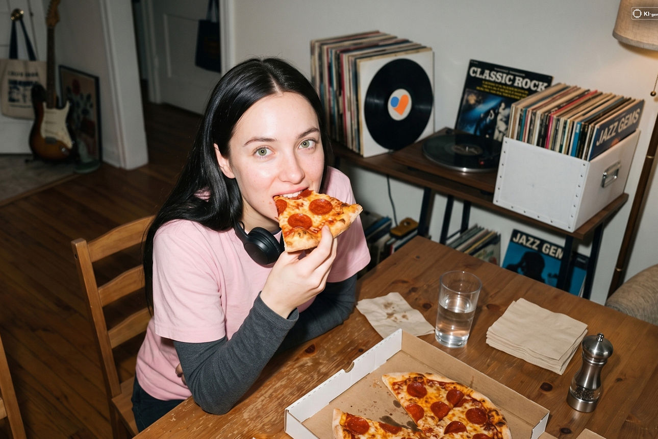 Eine junge Frau beim Pizzaessen