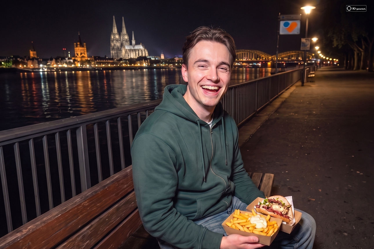 Ein lächelnder junger Mann auf einer Bank am Rhein in Köln mit einer Portion Pommes und einem Sandwich