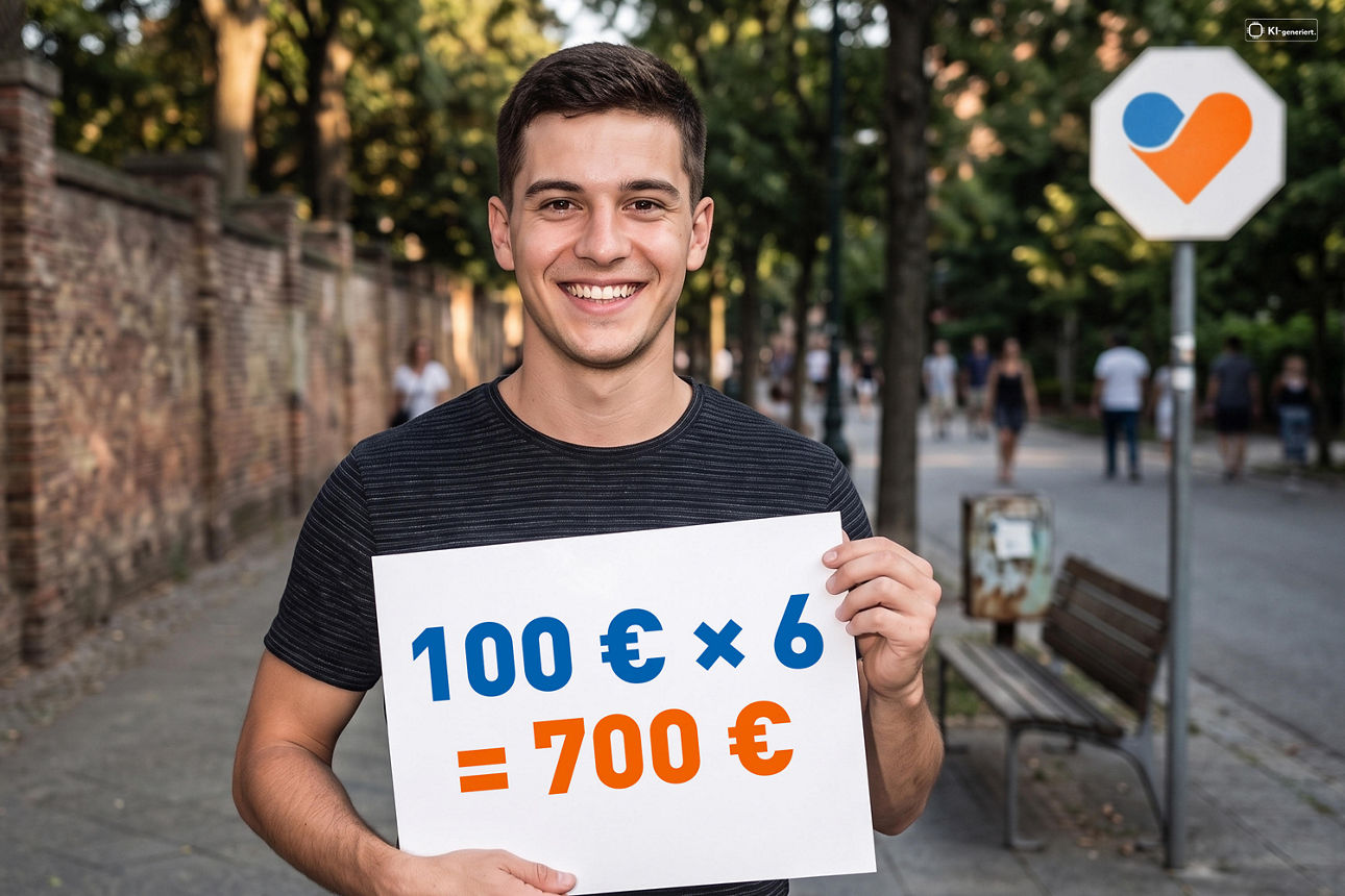 Ein grinsender junger Mann auf der Straße hält ein Schild hoch, auf dem 100 € x 6 =700 € steht. 
