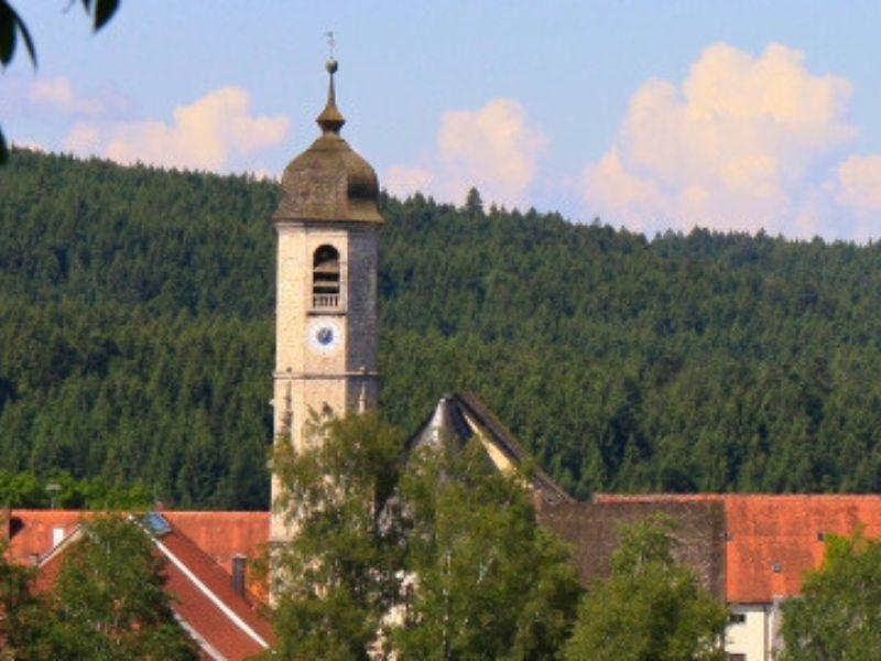 Aufnahme der Kirche in Weyarn mit Zwiebelturm und einem Zifferblatt, umgeben von Bäumen und Hausdächern