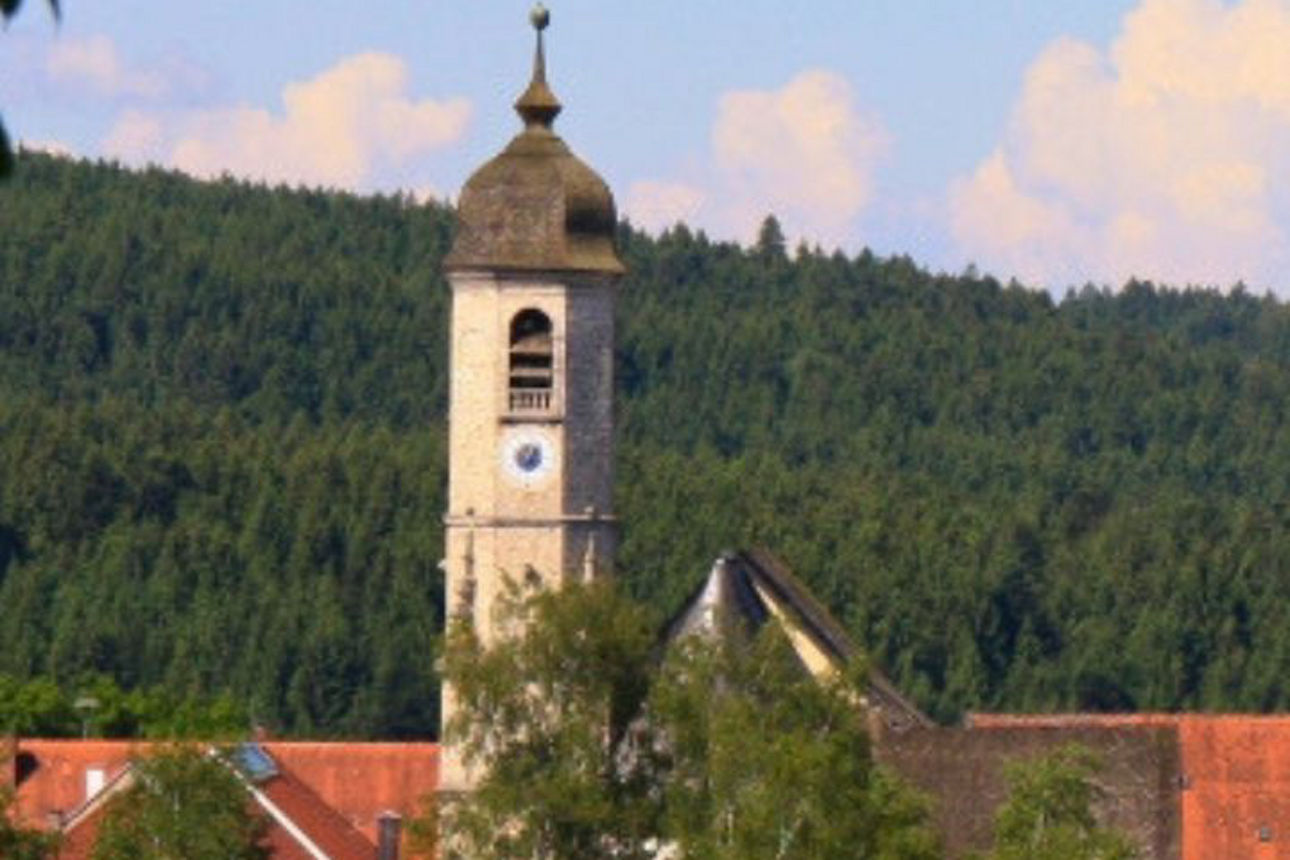Aufnahme der Kirche in Weyarn mit Zwiebelturm und einem Zifferblatt, umgeben von Bäumen und Hausdächern