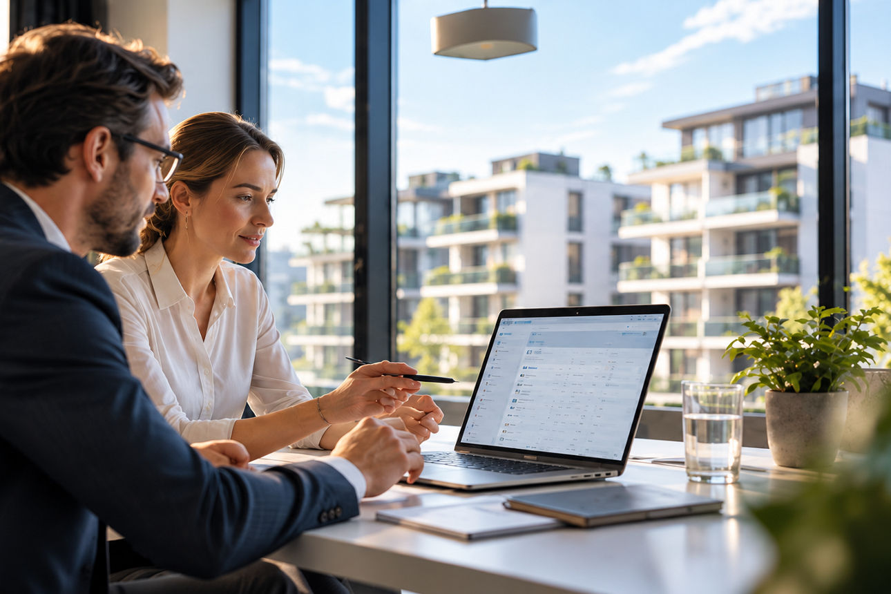 Zwei Personen besprechen Immobilienverwaltungssoftware am Laptop