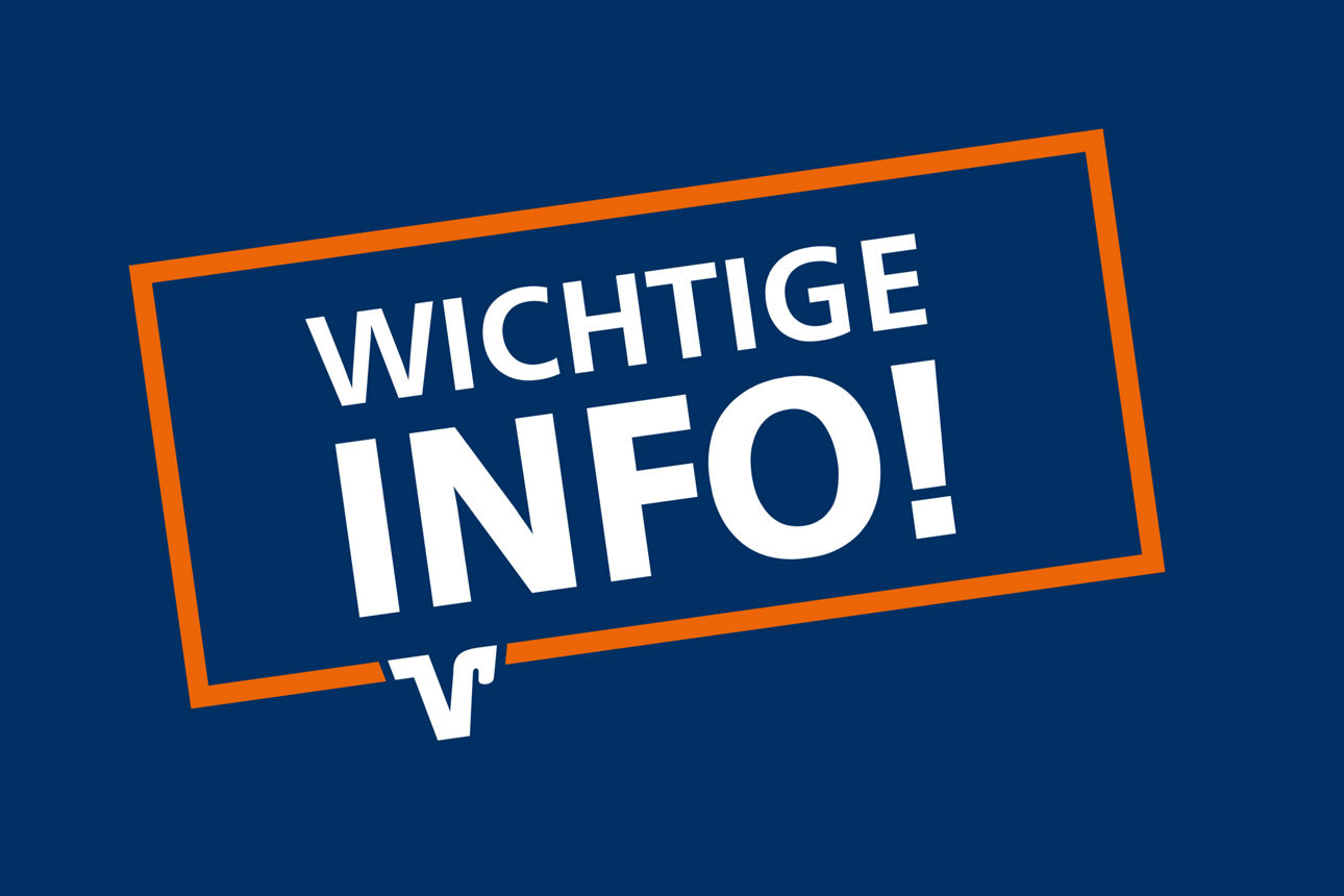 WICHTIGE INFO! in Weiß auf ultramarinblauem Hintergrund mit orangefarbenem Rahmen und VR Bank RheinAhrEifel eG Logo.