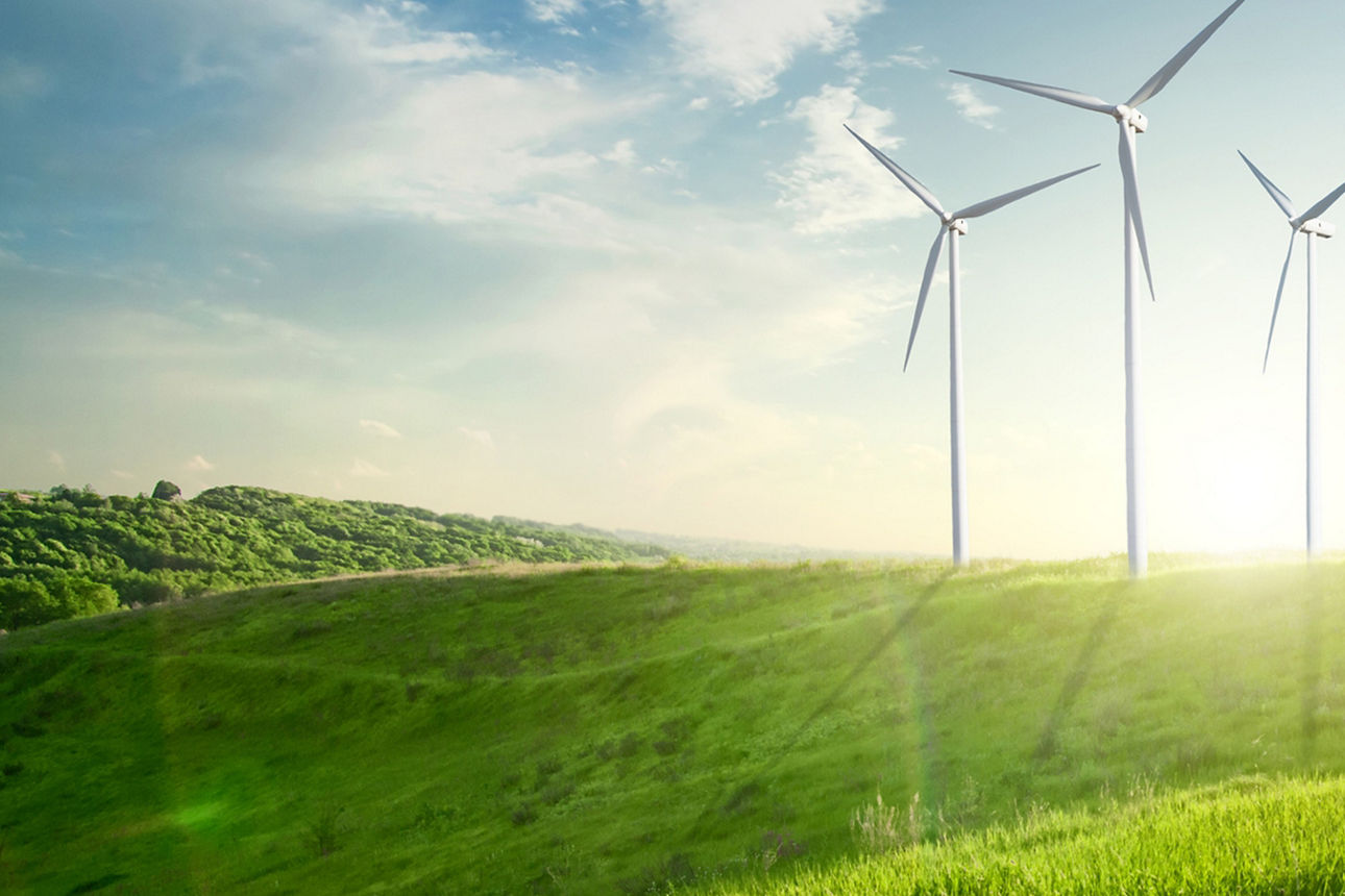 Wind generators turbines on sunset summer landscape