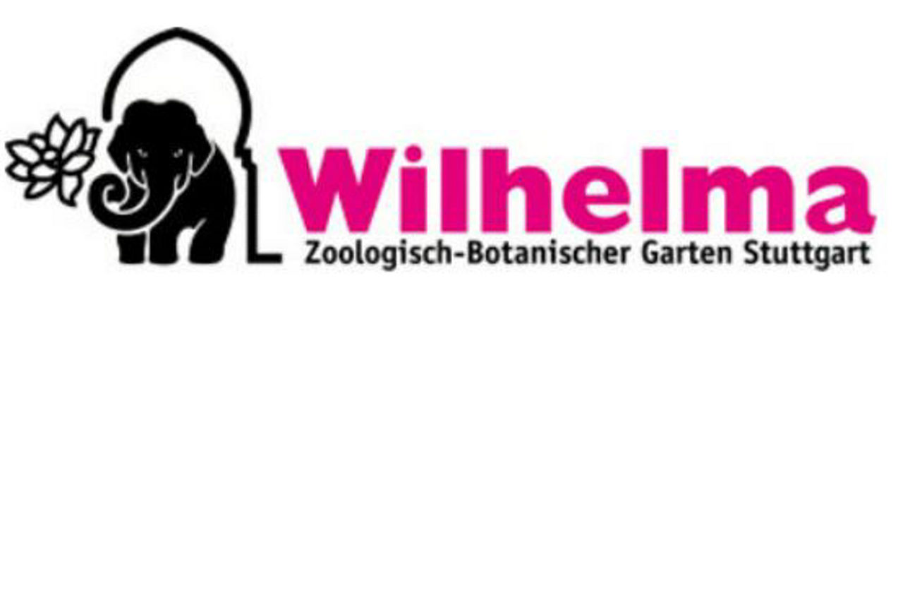 Links ist die Abbildung eines Elefanten zu sehen. Rechts daneben steht in Pink "Wilhelma" und in schwarz "Zoologisch-Botanischer Garten Stuttgart"