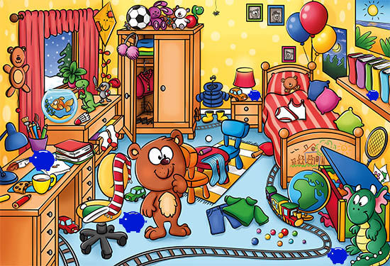 Wimmelbild - Finde die blauen Sparschweine.