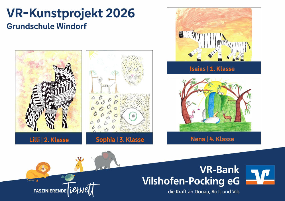 Die vier Gewinnerbilder VR-Kunstprojekt 2026, Grundschule Windorf: Fuchs, Gepard, Zebras, Naturszene mit verschiedenen Tieren.