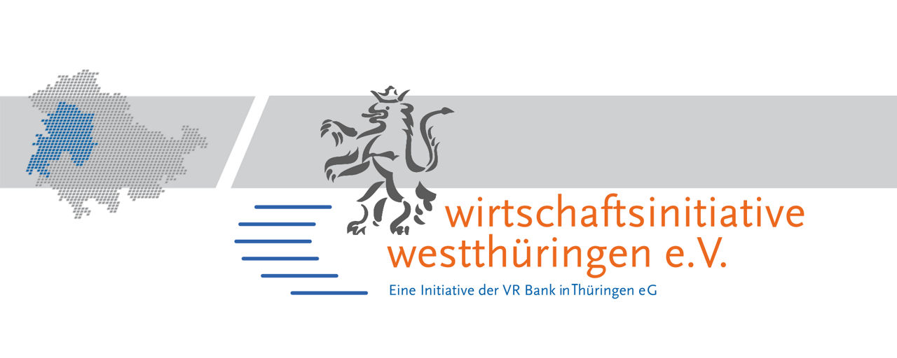 Weißer Hintergrund mit grauem Streifen. Davor das Logo der Wirtschaftsinitiative Westthüringen e.V.
