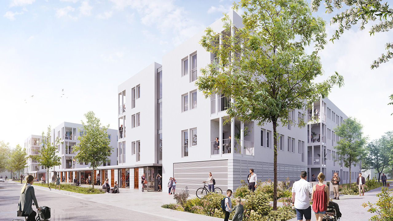 Straßenansicht einer modernen Wohnanlage mit Bäumen, Wegen und mehreren Personen.