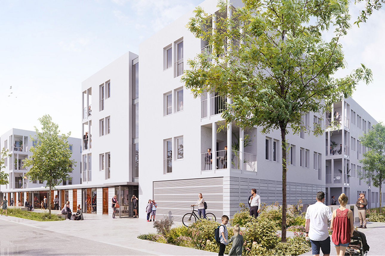 Straßenansicht einer modernen Wohnanlage mit Bäumen, Wegen und mehreren Personen.