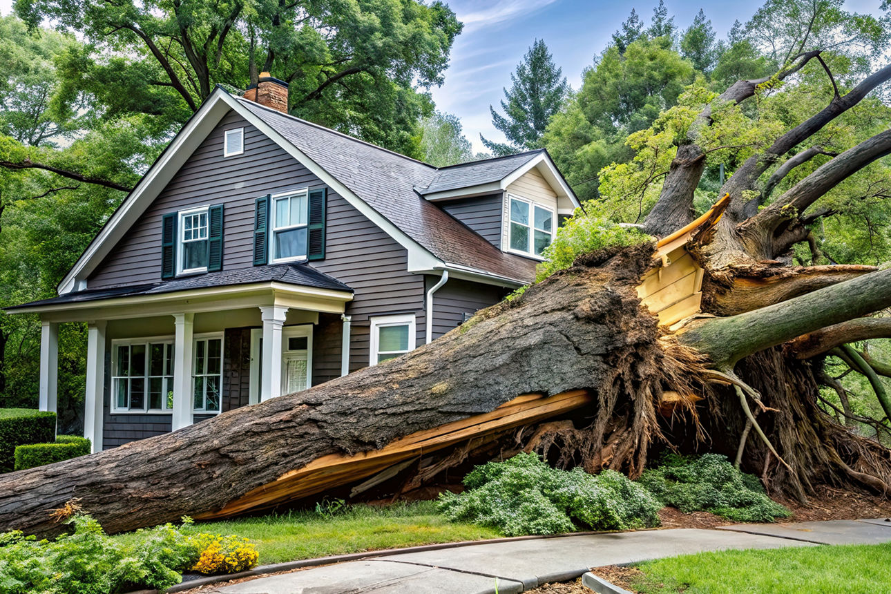 umgestürzter Baum liegt neben Wohnhaus