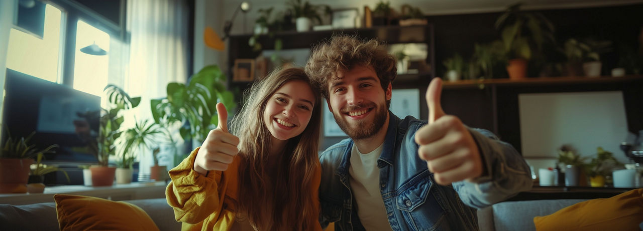 Glückliches junges Paar, glücklich und Daumen hoch zeigend. Liebe. Haus, Wohnung mieten oder kaufen.
