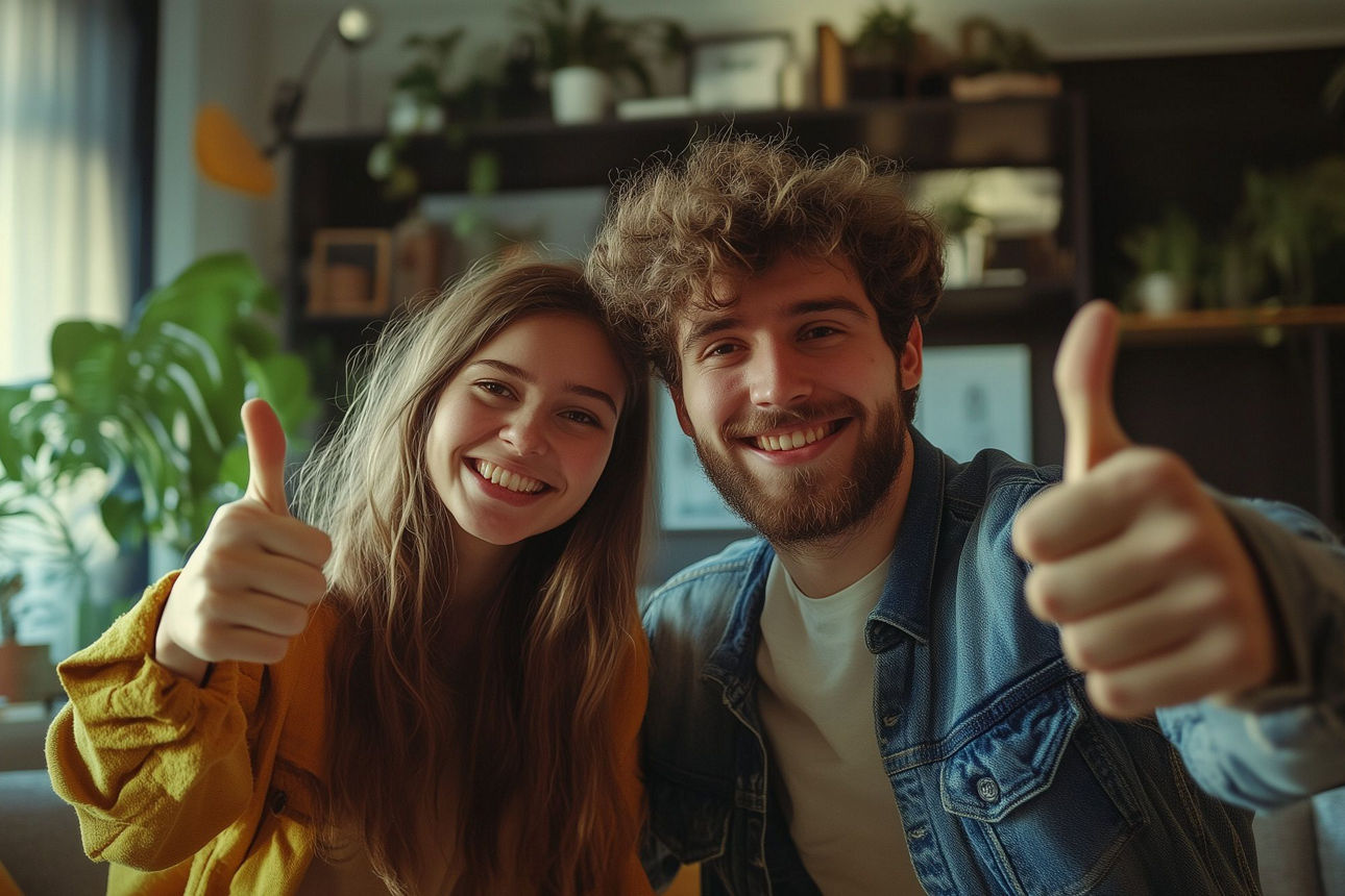Glückliches junges Paar, glücklich und Daumen hoch zeigend. Liebe. Haus, Wohnung mieten oder kaufen.
